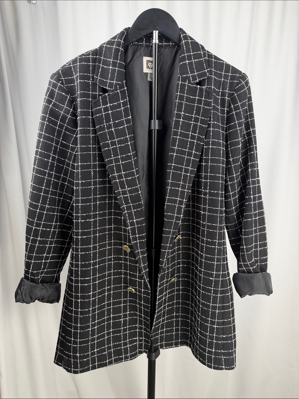 Anne Klein Black Windowpane Double-Breasted Blazer with Gold Buttons